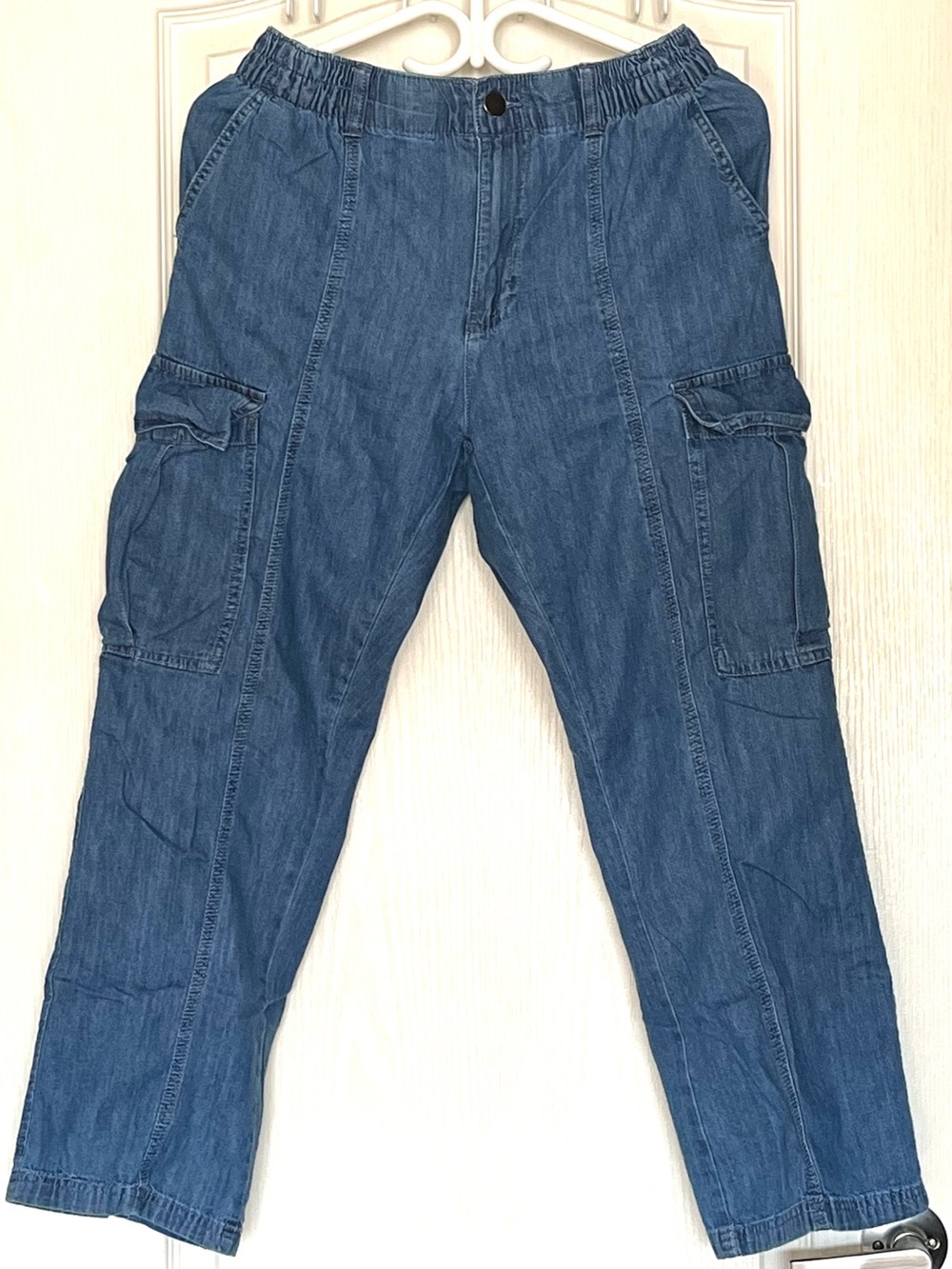 FREEGO Bianca Denim Cargo Pants Women L Blue Chambray Lightweight Joggers